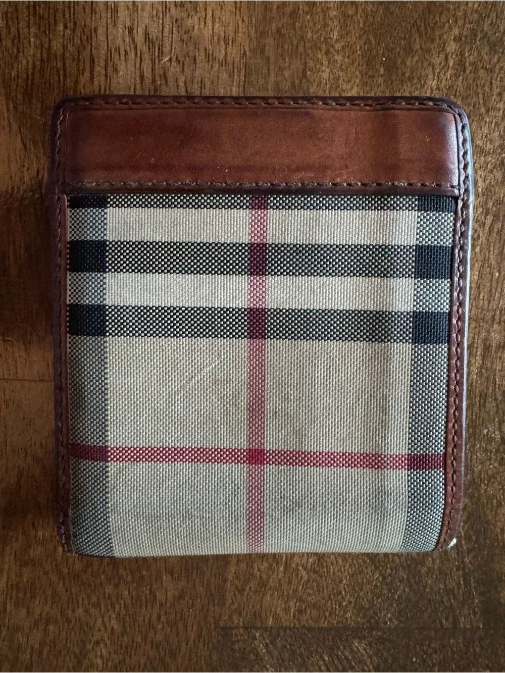 Men's Burberry Wallet in Beige Plaid with Brown Leather Trim